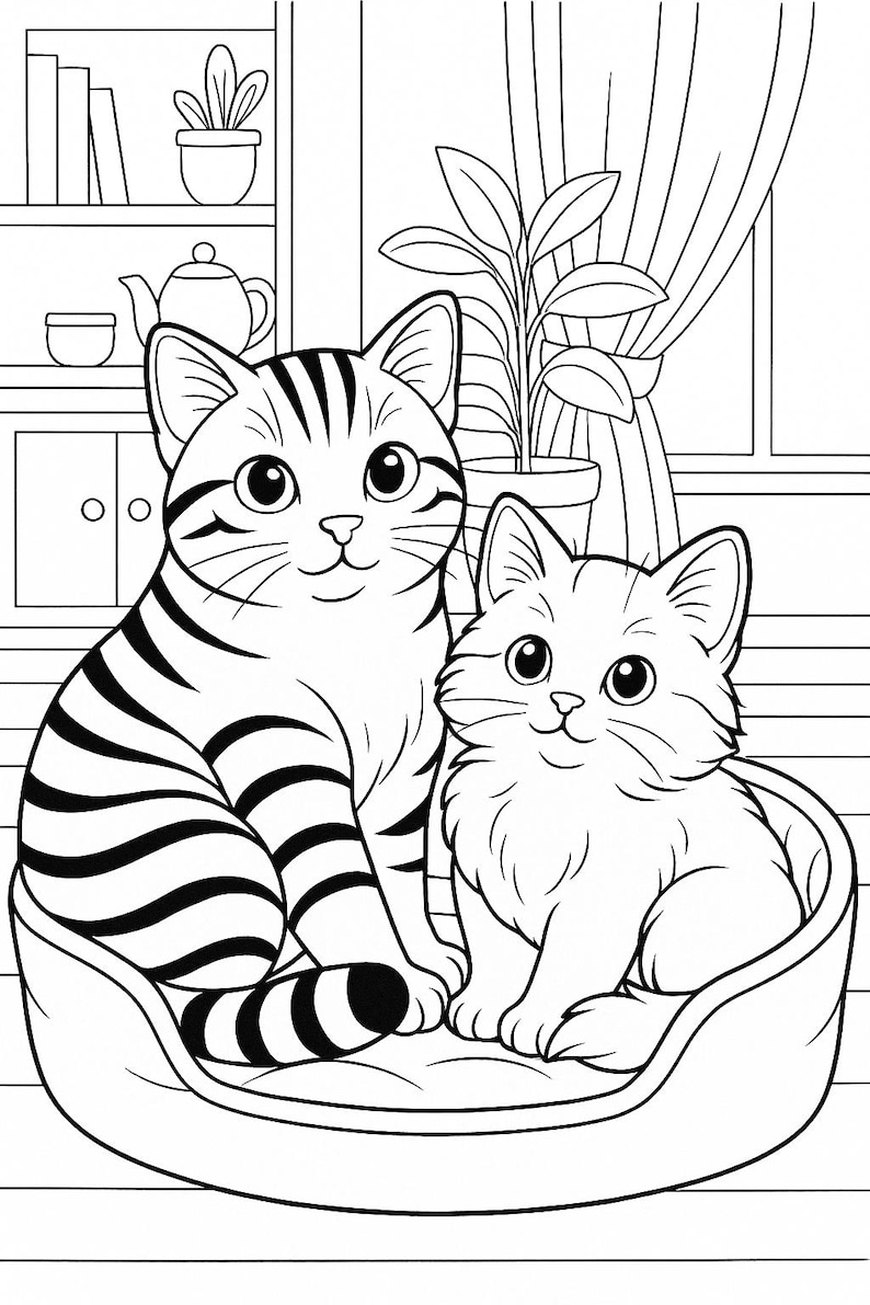 May include: Black and white illustration of two cats. One cat is striped and seated, the other is fluffy and seated in a cat bed. The background includes a window, curtains, and a shelf with a teapot and plant.