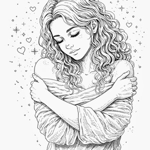 Pu&ograve; includere: Illustrazione in bianco e nero di una persona con lunghi capelli ricci, che si abbraccia. L'immagine &egrave; decorata con cuori, stelle e scintille, creando un senso di pace e amore per s&eacute; stessi.