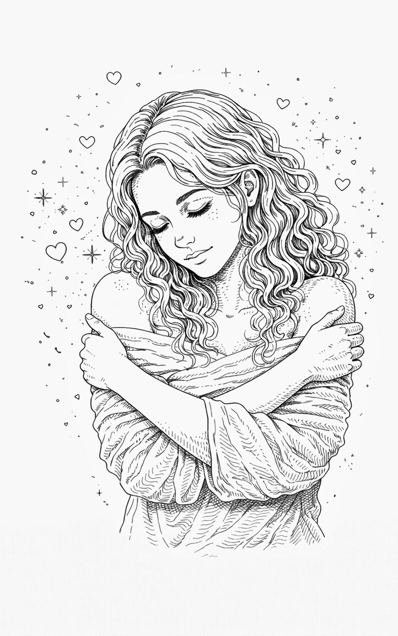 Pu&ograve; includere: Illustrazione in bianco e nero di una persona con lunghi capelli ricci, che si abbraccia. L'immagine &egrave; decorata con cuori, stelle e scintille, creando un senso di pace e amore per s&eacute; stessi.