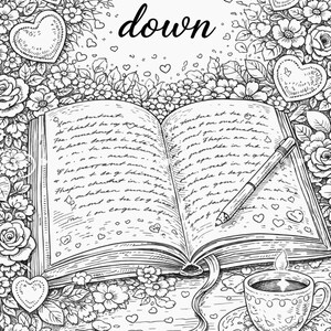 Pu&ograve; includere: Illustrazione in bianco e nero con le parole "Slow down" sopra un libro aperto, una penna e una tazza di caff&egrave;. Il libro &egrave; circondato da fiori e cuori, creando una scena artistica e rilassante.