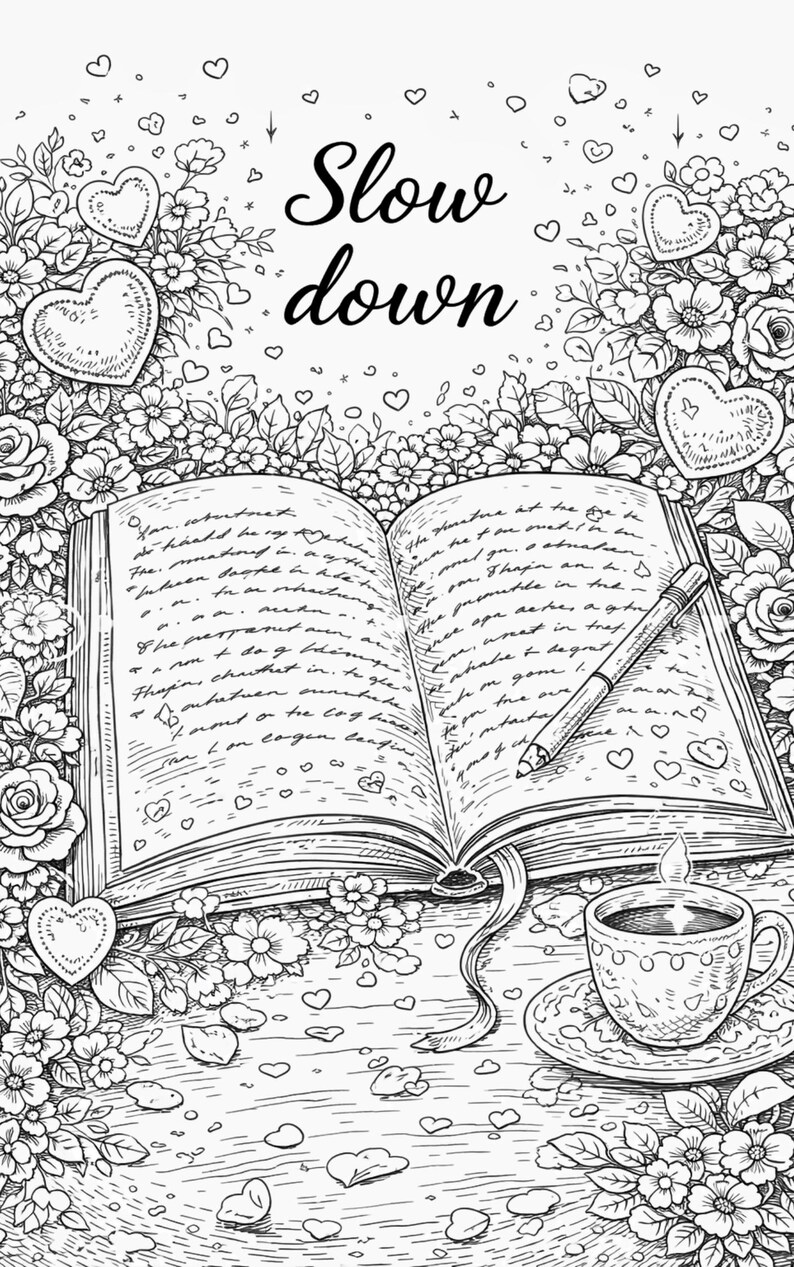Pu&ograve; includere: Illustrazione in bianco e nero con le parole "Slow down" sopra un libro aperto, una penna e una tazza di caff&egrave;. Il libro &egrave; circondato da fiori e cuori, creando una scena artistica e rilassante.