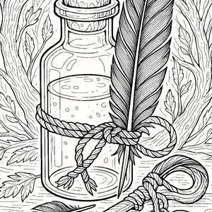 K&ouml;nnte beinhalten: Schwarz-Wei&szlig;-Illustration einer Glasflasche mit Korken, gebunden mit einem Seil, und einer gro&szlig;en Feder. Zwei Schl&uuml;ssel und eine kleinere Feder sind ebenfalls vorhanden. Der Hintergrund zeigt eine Waldszene.