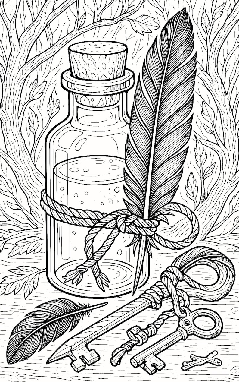 K&ouml;nnte beinhalten: Schwarz-Wei&szlig;-Illustration einer Glasflasche mit Korken, gebunden mit einem Seil, und einer gro&szlig;en Feder. Zwei Schl&uuml;ssel und eine kleinere Feder sind ebenfalls vorhanden. Der Hintergrund zeigt eine Waldszene.