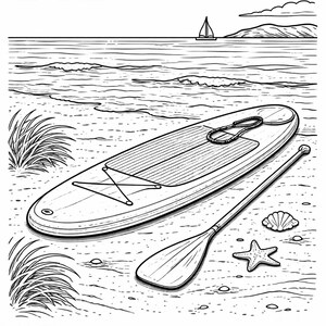 K&ouml;nnte beinhalten: Schwarz-Wei&szlig;-Illustration eines Stand-Up-Paddleboards mit Paddel am Sandstrand. Im Hintergrund sind das Meer und ein Segelboot zu sehen. Der Text "Let life feel light and easy" steht unten.