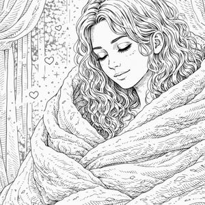 Pu&ograve; includere: Illustrazione in bianco e nero di una persona con lunghi capelli ricci, avvolta in una coperta strutturata. La persona ha gli occhi chiusi, con cuori e stelle sullo sfondo. L'immagine ha una qualit&agrave; morbida e sognante.