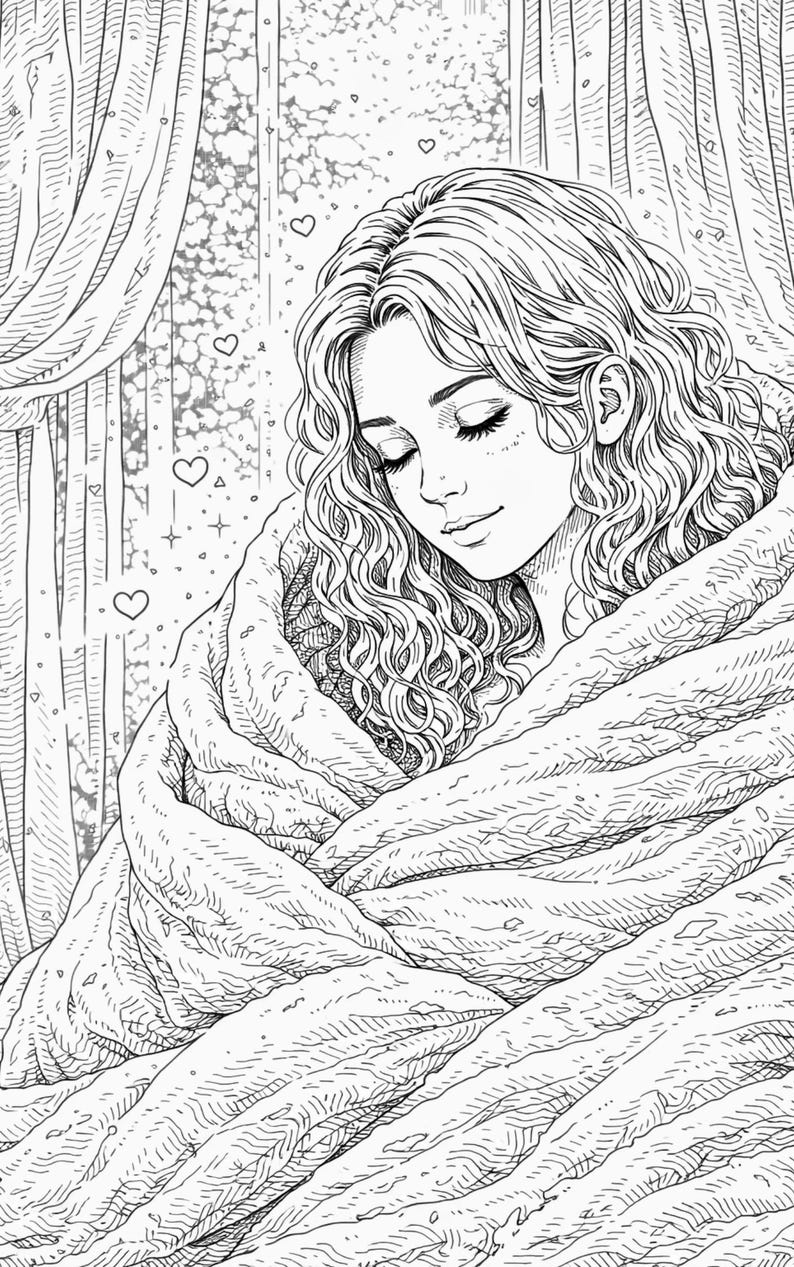 Pu&ograve; includere: Illustrazione in bianco e nero di una persona con lunghi capelli ricci, avvolta in una coperta strutturata. La persona ha gli occhi chiusi, con cuori e stelle sullo sfondo. L'immagine ha una qualit&agrave; morbida e sognante.