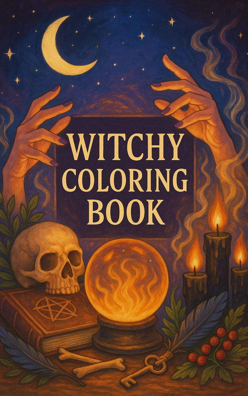K&ouml;nnte beinhalten: Illustration eines "Witchy Coloring Book" mit einem Sch&auml;del, einer Kristallkugel, Kerzen und H&auml;nden, die sich dem Buch entgegenstrecken. Der Hintergrund zeigt einen Halbmond und Sterne, mit einem mystischen Thema.