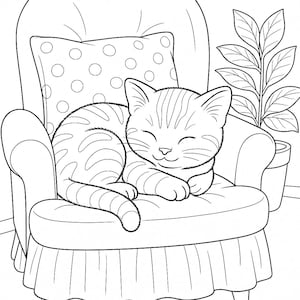 May include: A black and white illustration of a tabby cat curled up asleep on a tufted armchair. A polka-dot pillow rests behind the cat. A potted plant is to the right of the chair.