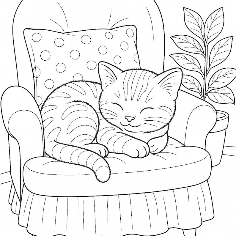 May include: A black and white illustration of a tabby cat curled up asleep on a tufted armchair. A polka-dot pillow rests behind the cat. A potted plant is to the right of the chair.