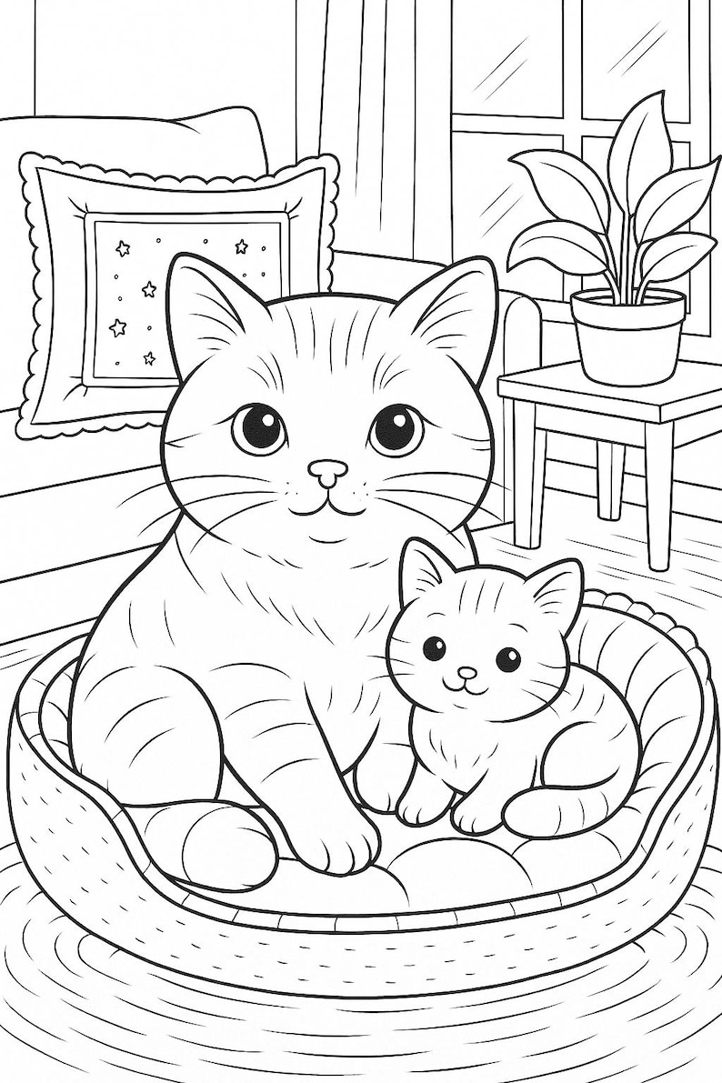 May include: Black and white line art illustration of a mother cat and kitten sitting in a cat bed. The mother cat is large, and the kitten is small. A pillow with stars is in the background.