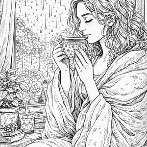 Pu&ograve; includere: Illustrazione in bianco e nero di una persona che sorseggia una tazza di t&egrave; vicino a una finestra in un giorno di pioggia. La persona &egrave; avvolta in una coperta, con piante e libri visibili su una superficie vicina. La tazza da t&egrave; ha un motivo floreale.