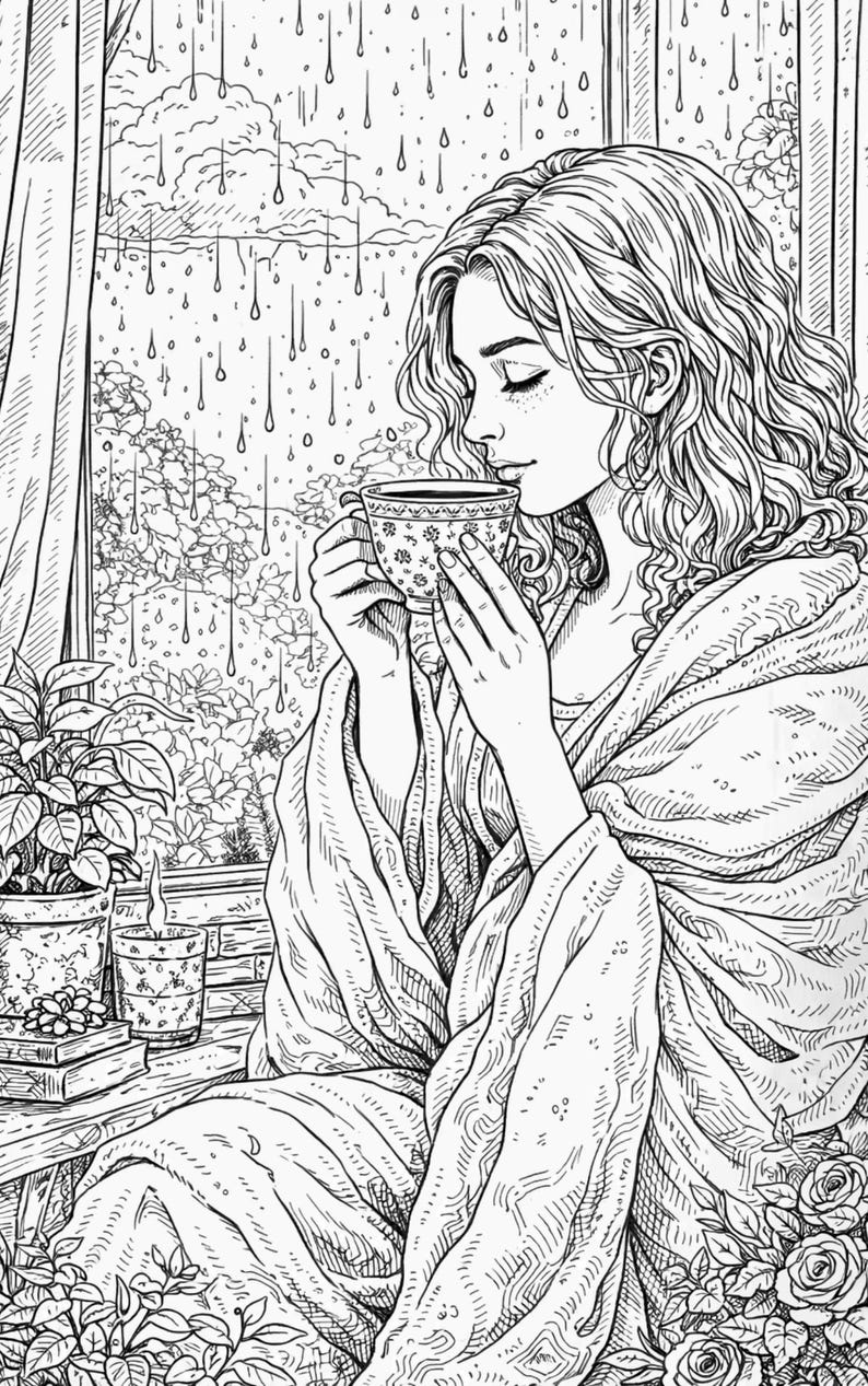 Pu&ograve; includere: Illustrazione in bianco e nero di una persona che sorseggia una tazza di t&egrave; vicino a una finestra in un giorno di pioggia. La persona &egrave; avvolta in una coperta, con piante e libri visibili su una superficie vicina. La tazza da t&egrave; ha un motivo floreale.
