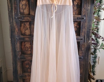 Sheer Chiffon Peach Slip Gown S 1960s Peignoir