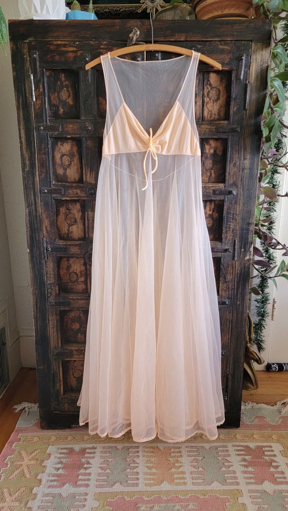 Sheer Chiffon Peach Slip Gown S 1960s Peignoir