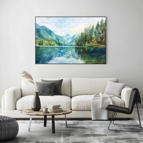 Afdrukbare Crescent Lake schilderij | Vintage weelderige bos kunst aan de muur | Olympisch Nationaal Park Canvas | Uitgestrekte berg natuur landschap kunstwerk