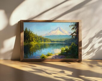 Printable Mount Hood Painting, Trillium Lake Reflection Wall Art, Oregon Summer Shore Art, Cascade Range Snow Mountain Forest Nature Print