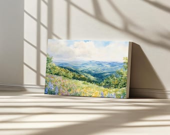 Lienzo del Parque Nacional Shenandoah, Arte mural de las Montañas Blue Ridge, Obra de arte de flores silvestres de primavera de Virginia, Pintura del bosque de las tierras altas de los Apalaches