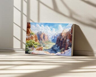 Angels Landing Canvas, Zion National Park Wall Art, Utah Spring Snow Mountain Artwork, Zion Valley Print, Red Rock Canyon Landscape Painting