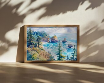May include: A framed watercolor painting depicting a coastal landscape with evergreen trees on a cliff overlooking a turquoise ocean. The scene features a natural rock arch formation in the water, rocky shorelines, and a soft, cloudy sky above the sea.