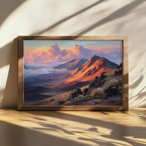 Printable Haleakala National Park Painting, Hawaii Volcano Wall Art, Maui Mountain Sea Cloud Sunset Art, Hawaiian Volcanic Spring Wildflower