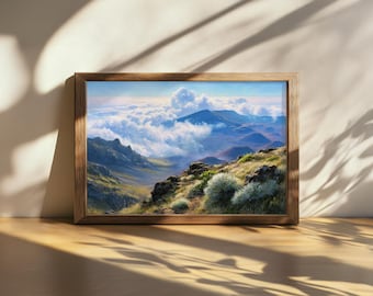 Tableau imprimable du parc national de Haleakala, art mural nature volcanique d'Hawaï, œuvre d'art de montagne, mer et nuages de Maui, impression estivale volcanique hawaïenne