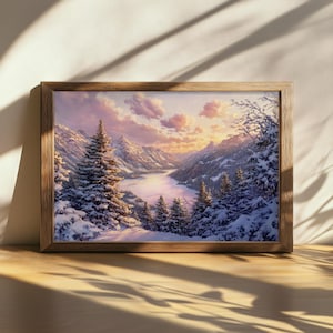 Pintura de pôr do sol do Parque Nacional das Montanhas Rochosas para impressão, arte de parede do Lago Dream do Colorado, tela com lindo céu de nuvens nevadas, arte de floresta nevada