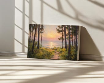Lake Michigan Canvas, Great Lakes of North American Wall Art, Michigan Summer Sunrise Sky Artwork, Lakeside Forest Nature Landscape Painting