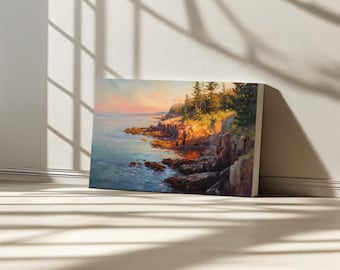 Acadia National Park Canvas, East Atlantic Ocean Coast Wall Art, Maine Summer Sunrise Artwork, Rocky Shore Forest Nature Landscape Painting