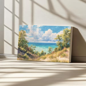 Lake Michigan Canvas, Great Lakes of North American Wall Art, Michigan Summer Shoreline Water Artwork, Forest Nature Landscape Art Painting