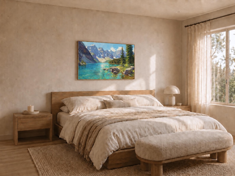 Dipinto del lago Moraine, opera d'arte murale del Parco nazionale di Banff, opera d'arte estiva sulle montagne rocciose canadesi, stampa di paesaggi naturali con acque turchesi del Canada immagine 3
