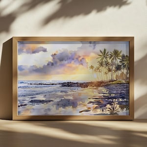Big Island Painting, Volcanic Rock Coast Wall Art, Hawaii Summer Tropical Island Sunset Artwork, Hawaiian Ocean Beach Palm Tree Landscape