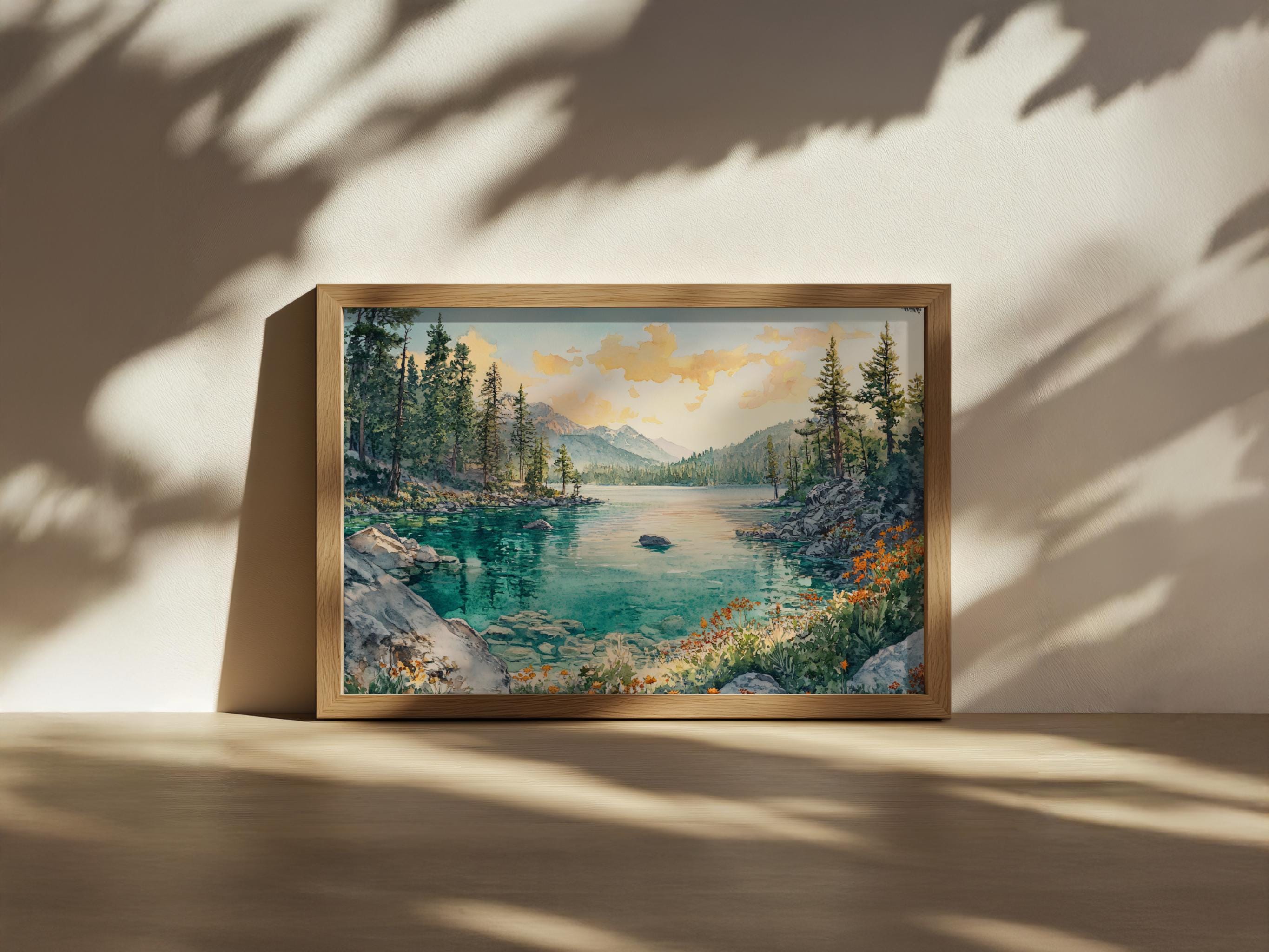 タホ湖の夕焼けの絵画、ターコイズブルーの水面の反射を描いた壁画