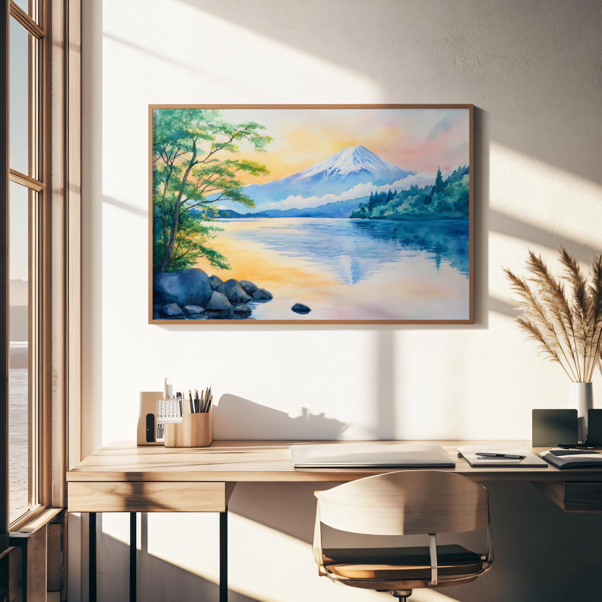 河口湖の絵画、富士山の水面反射の壁画、日本の夏の夕焼けのアート