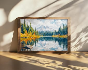 Afdrukbare Mount Rainier National Park schilderij, reflectie meren kunst aan de muur, Washington herfst herfst gebladerte kunst, bergbos natuur print