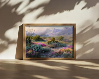 Big Bend National Park Painting, Chisos Mountain Range Wall Art, Chihuahuan Desert Cactus Sunrise, Texas Spring Wildflower Landscape Print