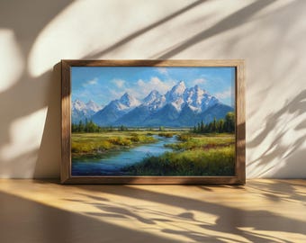 Printable Grand Teton National Park Painting, Forest River Nature Wall Art, Wyoming Summer Alpine Artwork, Snow Mountain Range Peak Print