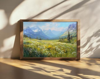 Printable Glacier National Park Painting, Rocky Mountain Range Wall Art, Montana Spring Wildflower Art, Rockies Alpine Forest Nature Print