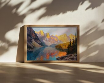 モレーン湖の絵画、バンフ国立公園の壁画、カナディアンロッキーの夏の
