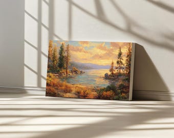 Lake Tahoe Sunset Canvas, Sand Harbor State Park Wall Art, California Autumn Fall Foliage Artwork, Mountain Forest Water Landscape Painting