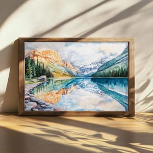 Printable Lake Louise Painting, Banff National Park Wall Art, Canada Summer Turquoise Water Reflection, Mountain Forest Sunrise Nature Print
