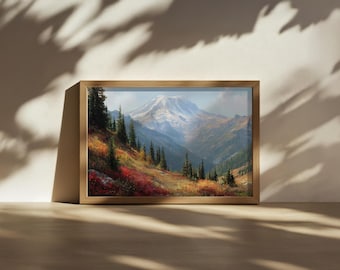 Mount Rainier National Park Painting, Cascade Range Wall Art, Washington Autumn Fall Foliage Artwork, Snow Mountain Forest Nature Landscape