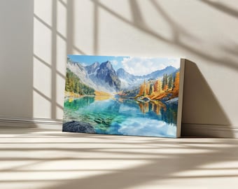 Colchuck Lake Canvas, Turquoise Water Reflection Wall Art, Washington Autumn Fall Foliage Artwork, Mountain Forest Nature Landscape Painting