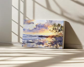 Big Island Canvas, Volcanic Rock Coast Wall Art, Hawaii Summer Tropical Island Sunset Art, Hawaiian Ocean Beach Palm Tree Landscape Painting