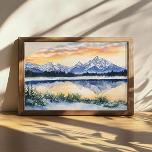 Druckbare Grand Teton National Park Sonnenuntergang Malerei, Icy Lake Reflection Wandbild, Wyoming Winter Schnee Kunstwerk, Verschneite Teton Gebirgskette