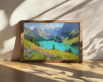 Cuadro imprimible del lago Grinnell, arte mural del Parque Nacional de los Glaciares, arte de flores silvestres primaverales en las Montañas Rocosas de Montana, impresión de la naturaleza del bosque de las Montañas Rocosas