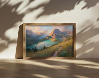 Grinnell Lake Painting, Glacier National Park Wall Art, Montana Spring Wildflower Sunrise Art, Rocky Mountain Forest Nature Landscape Print