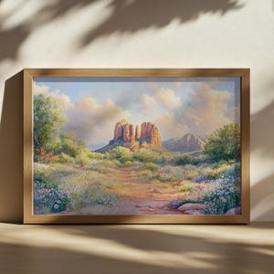 Cathedral Rock Sunrise Painting, Sedona Red Rock State Park Wall Art, Arizona Spring Wildflower Artwork, Desert Mountain Landscape Art Print