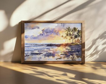 Printable Big Island Painting, Volcanic Rock Coast Wall Art, Hawaii Summer Tropical Island Sunset Artwork, Hawaiian Ocean Beach Palm Tree