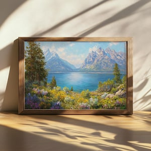 Druckbare Jenny Lake Gemälde, Grand Teton National Park Wandkunst, Wyoming Wildblumen Kunstwerk, Lakeside Bergwald Naturdruck
