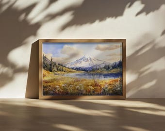 Mount Rainier Nationalpark Gemälde, Sommer Wildblumen Wandkunst, Washington Pazifischer Nordwesten Kunstwerk, Bergwald Sonnenuntergang Landschaft Kunst